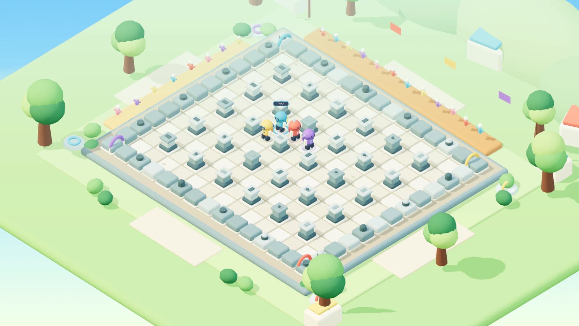 Arène de Bomber Battle vue du dessus avec quatre concurrents colorés et des blocs destructibles