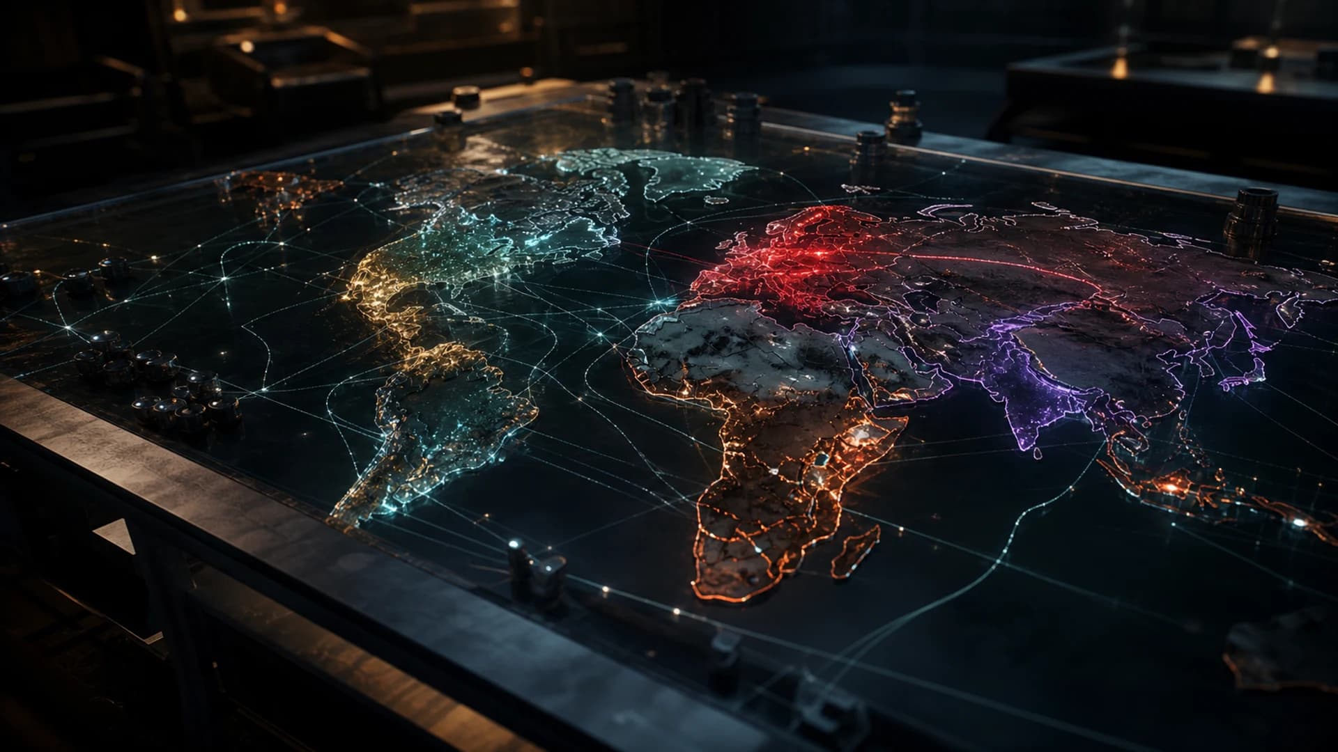 Une salle de commandement sombre et moderne avec une carte stratégique globale lumineuse pour Dominion Protocol