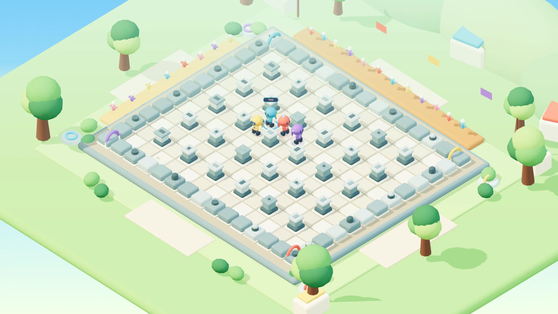 Bomber Battle arena viewed from above with four colorful competitors and destructible blocks