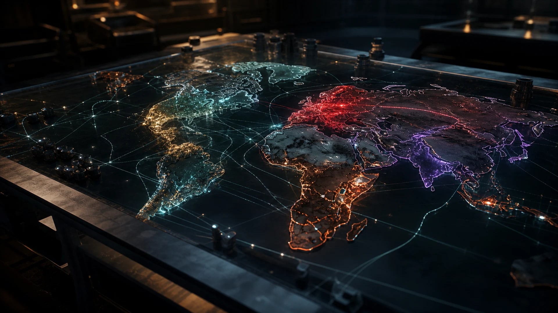 A modern dark command room with a luminous global strategy map for Dominion Protocol