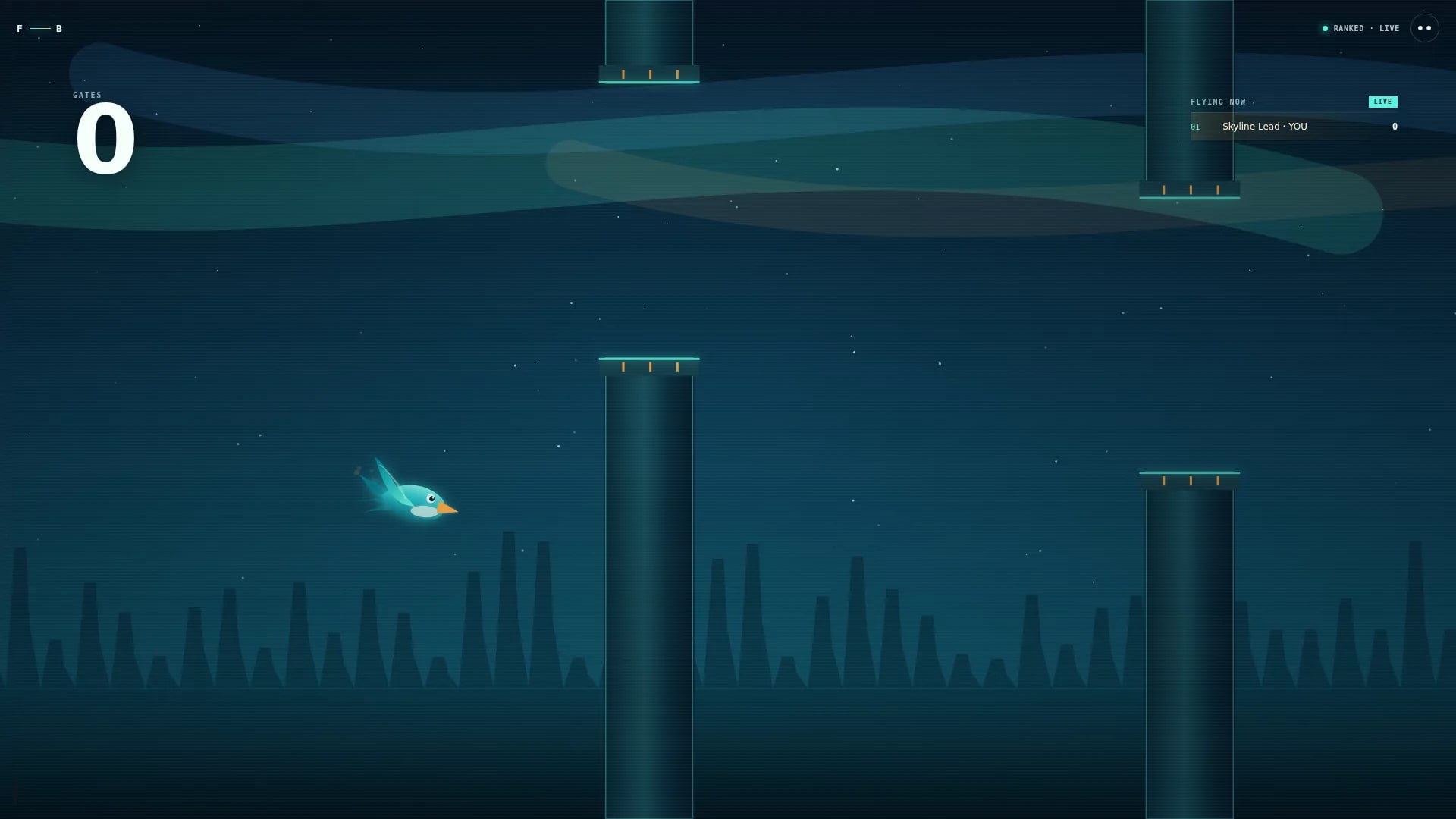 A luminous teal bird glider flying between metallic gates above an aurora city skyline
