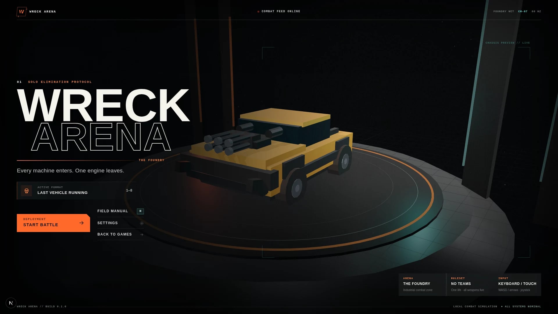 Armed vehicles fighting beneath orange industrial lights in Wreck Arena's Foundry