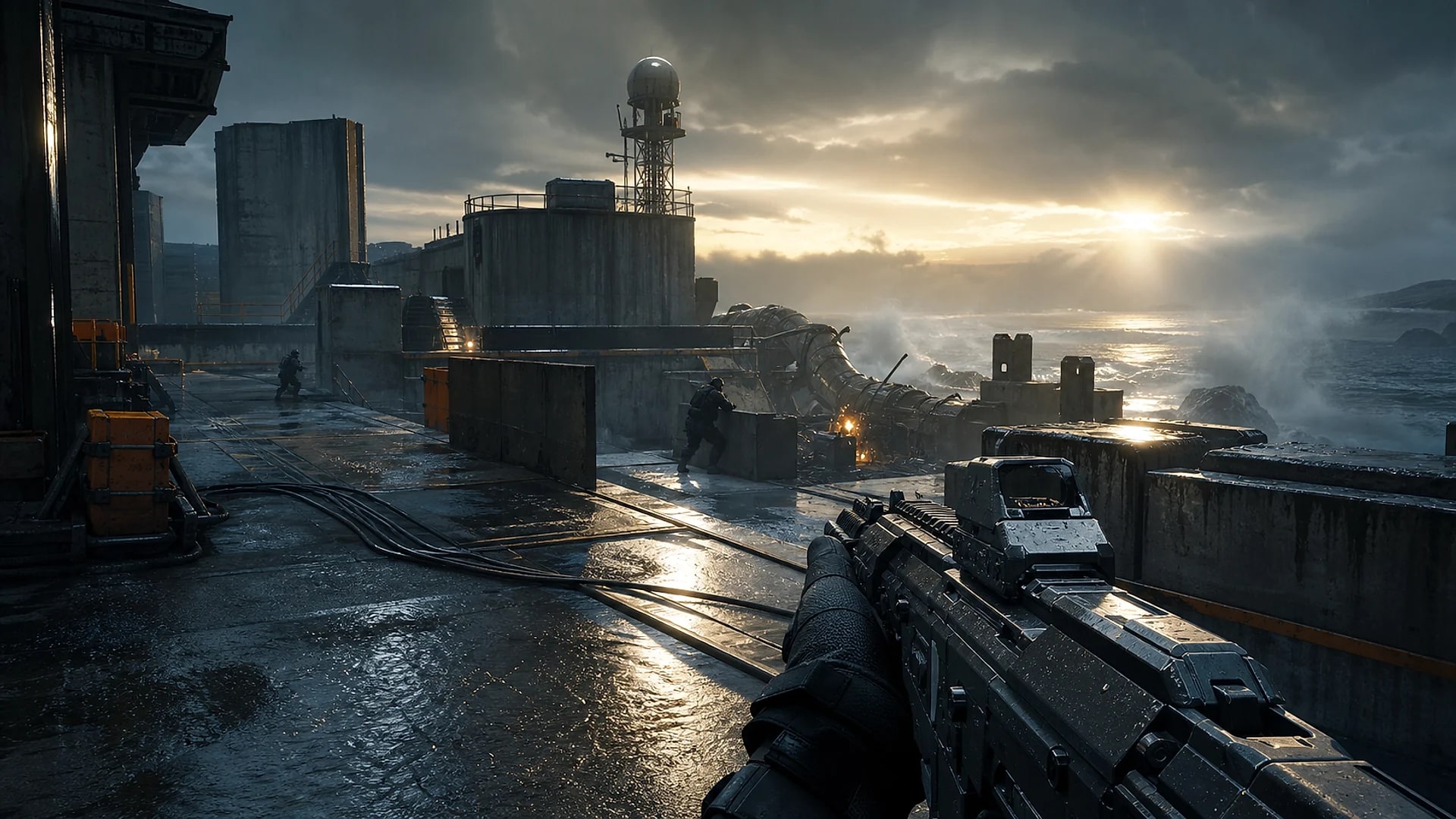 First-person firefight across a wet coastal defense complex at sunrise in Rift Nine